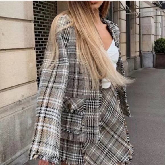 Zara Frayed Checked Plaid Blazer Size Small - Picture 1 of 6